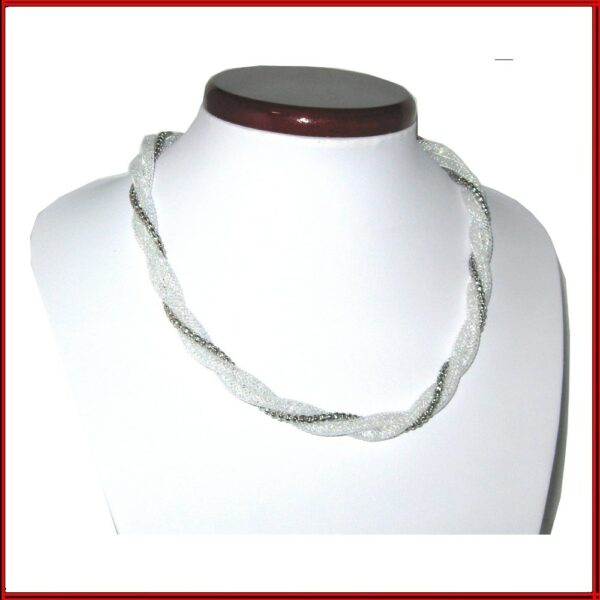 Collier résille blanc et argent 3 rangs torsadés ajustable