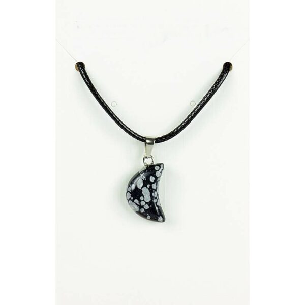 Collier cordon cuir noir et son croissant de lune obsidienne neige