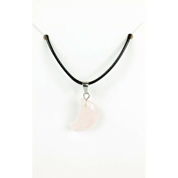 Collier cordon cuir noir et son croissant de lune quartz rose
