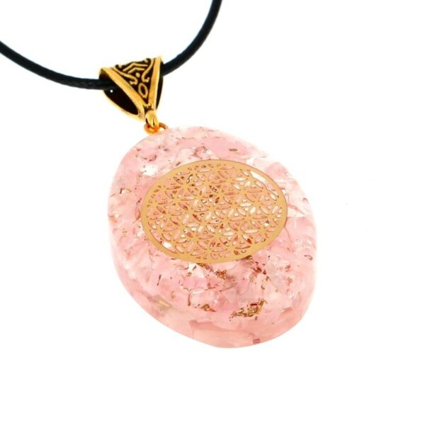 Collier sur cordon avec son palet en orgonite fleur de vie et quartz rose