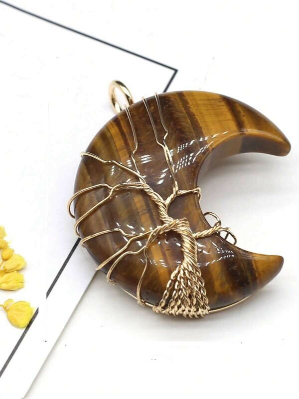 Collier cordon noir et pendentif lune arbre de vie lune oeil de tigre