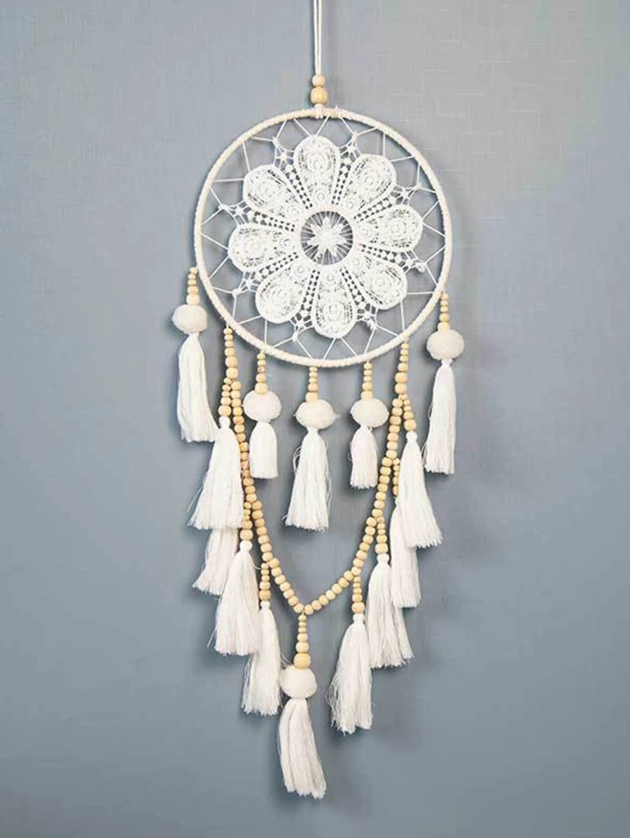 Capteur de rêves Mala pompons et perles bois couleur blanc